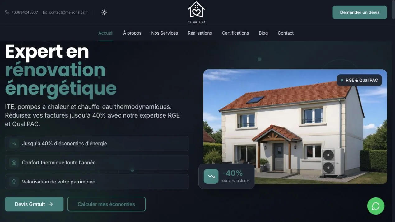 Website-ul Maison Sica pentru renovare energetică în Franța